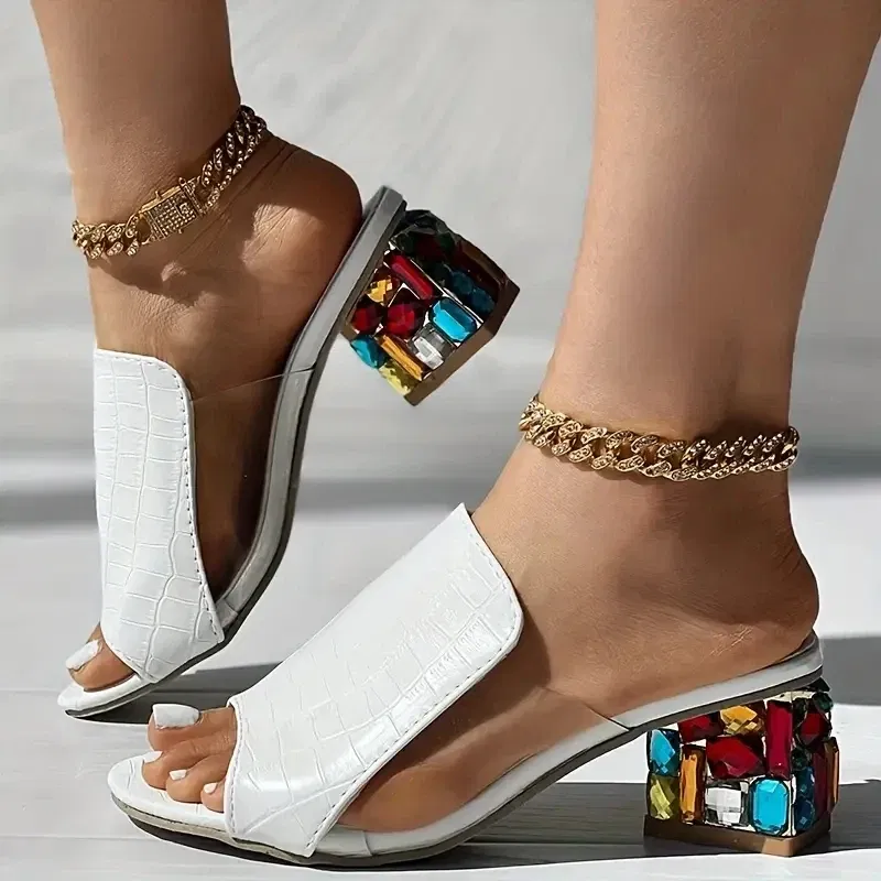 Color: WHITE, Shoe Size: 36 - Women Crystal Sandals 2024 New Spring Summer Open Toe Sandals Square Heels Beach Fashion Sandals Women Sandalias De Mujer
