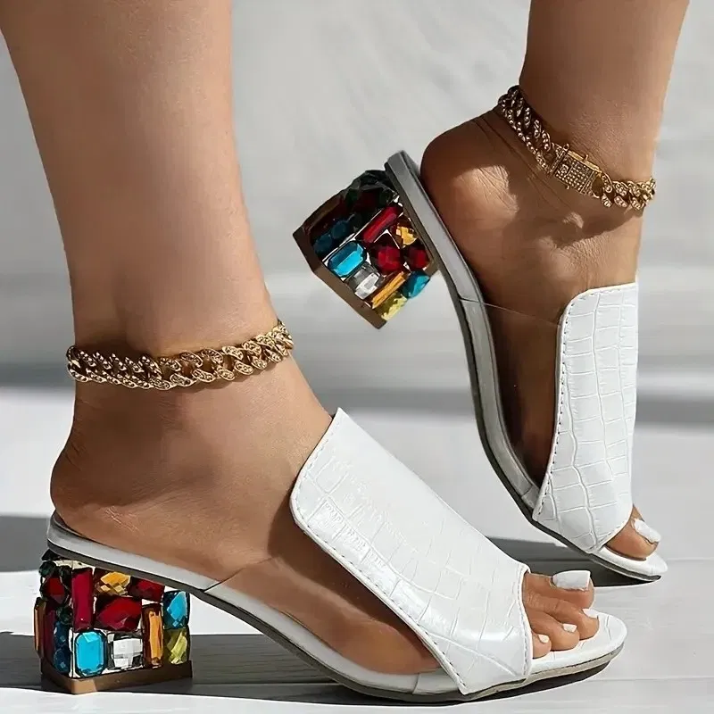 Color: WHITE, Shoe Size: 36 - Women Crystal Sandals 2024 New Spring Summer Open Toe Sandals Square Heels Beach Fashion Sandals Women Sandalias De Mujer