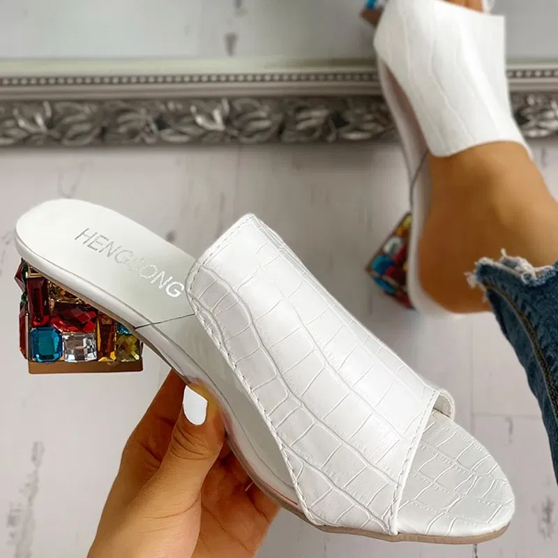 Color: WHITE, Shoe Size: 36 - Women Crystal Sandals 2024 New Spring Summer Open Toe Sandals Square Heels Beach Fashion Sandals Women Sandalias De Mujer