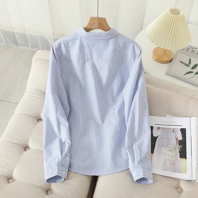 Color: Blue, Size: S - Women's Casual Cotton Oxford Shirt 2023 New Woman Striped Blouse and Tops Simple Solid Lady White Blue Shirts Clothes