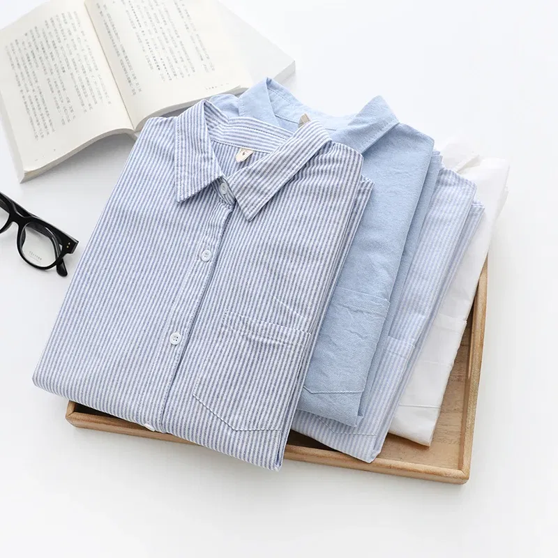 Color: Blue, Size: S - Women's Casual Cotton Oxford Shirt 2023 New Woman Striped Blouse and Tops Simple Solid Lady White Blue Shirts Clothes