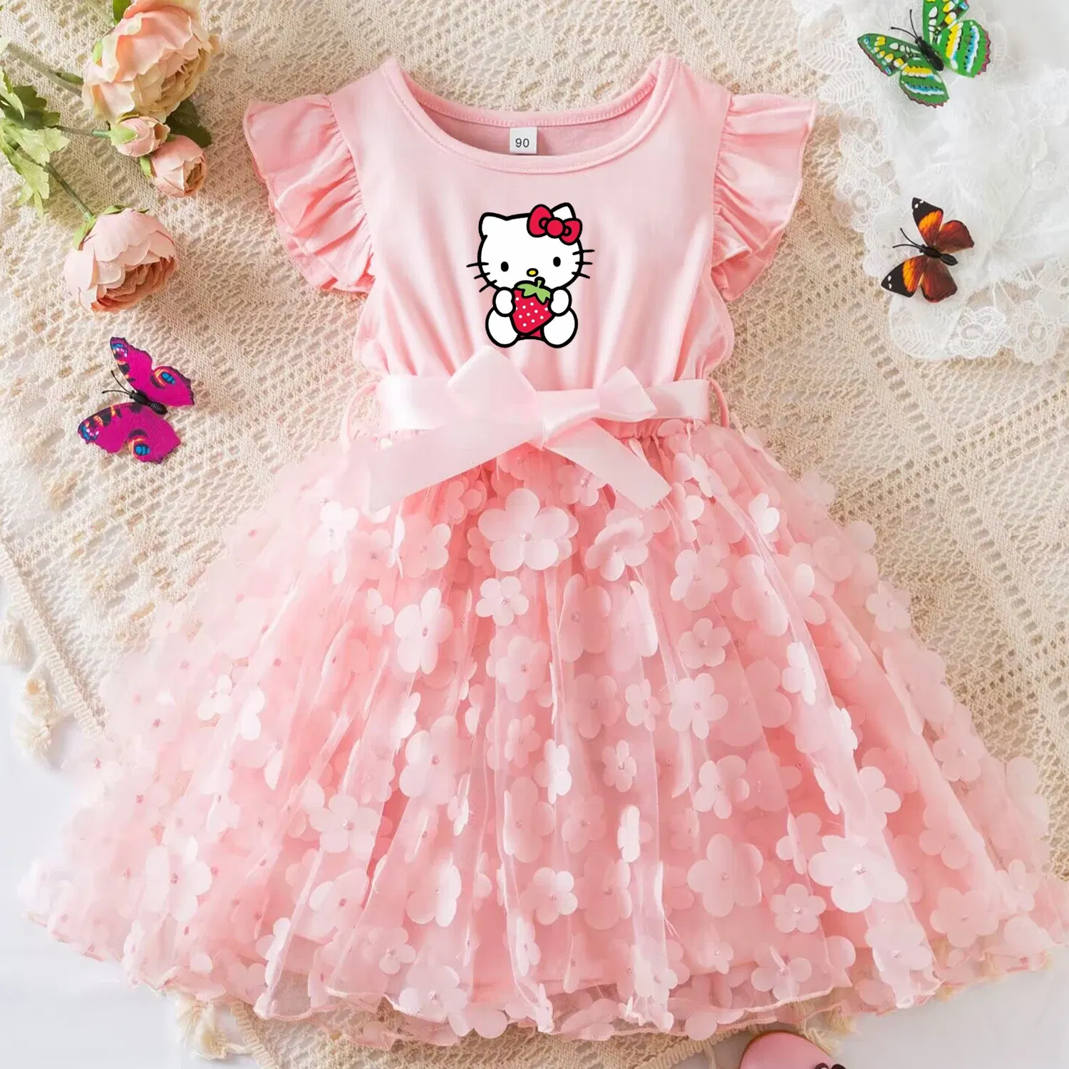 Color: Gold, Size: XL - Hello Kitty Summer Dress for Kid's Casual Clothes 3D Butterfly Cute Baby Girls Princess Dress Party Dresses 2-6 Yrs