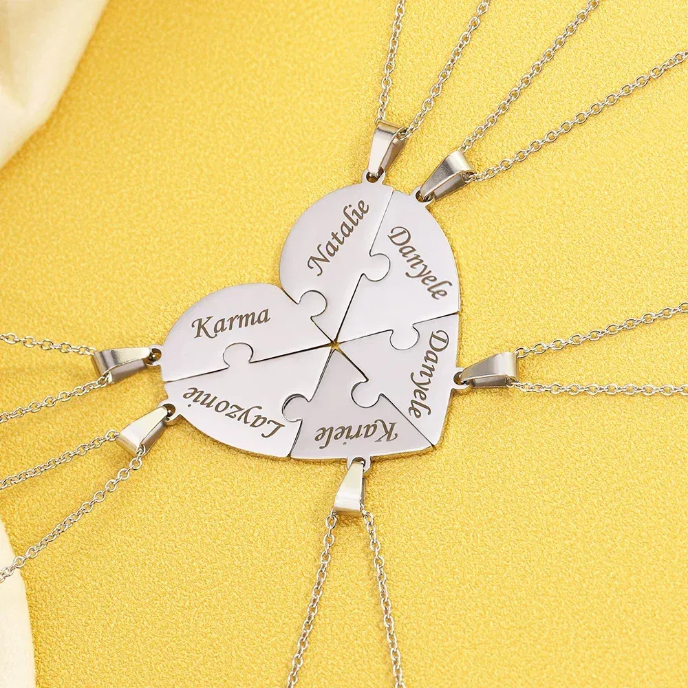 Metal Color: RED-BROWN, Length: 55cm, Main Stone Color: Silver - Personalized Charm Stainless Steel Pendant Name Jigsaw Heart Necklace for Women Jewelry for Men Family Name Chains Necklace