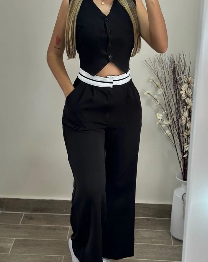 Color: Beige, Size: XL - New Women's Two-Piece 2024 Summer Casual Sexy Elegant V-Neck Twist Button Tank Top and Pocket Design Pants Set Women's Set
