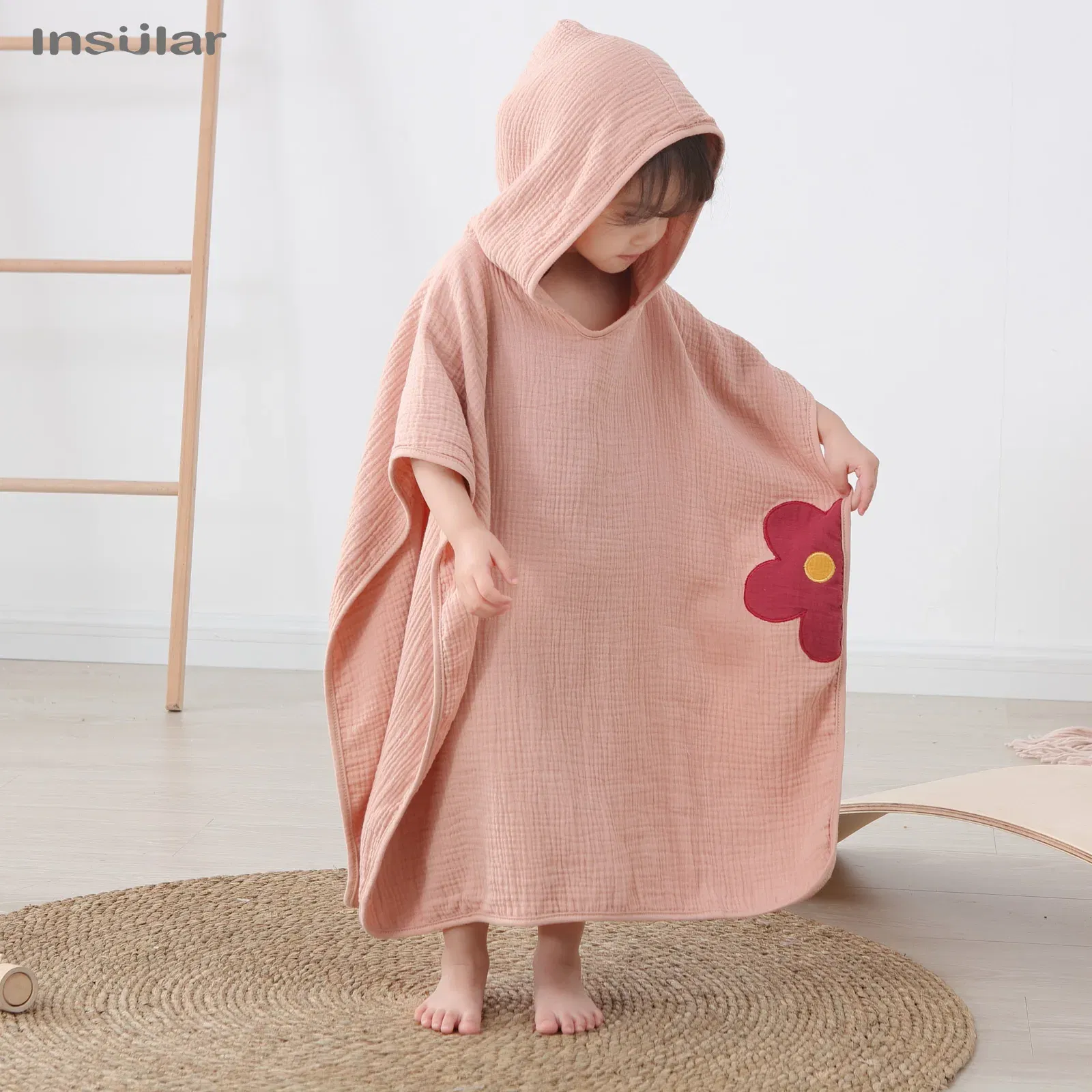 Color: green - Muslin Baby Hooded Poncho Towel Children's Hooded Bath Towel Soft Kids Beach Bathing Stuff Infant Washcloth