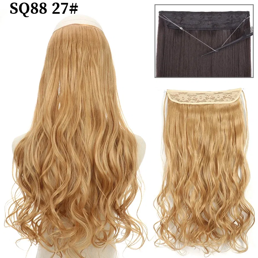 Color: P4/27, Stretched Length: 16inches, Ships From: CHINA - Synthetic Natural Wavy No Clip Fish Line Invisible Hair Extensions Mixed Color Blonde Black Artificial False Hair Piece ForWomen