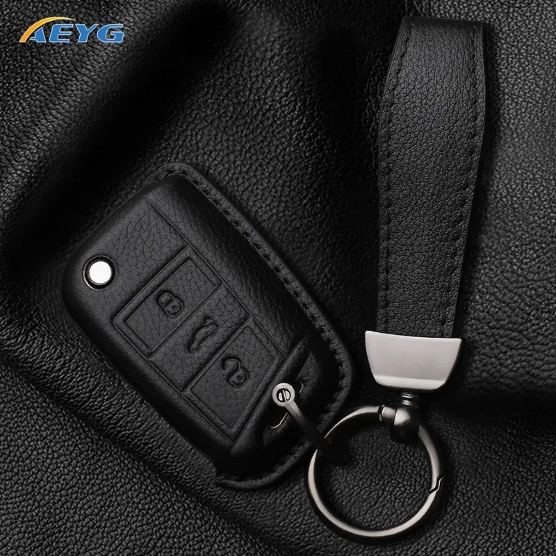 Color Name: black - VW Car leather Key Case Cover For Volkswagen Golf 7 MK7 Tiguan MK2 For SEAT Ateca Leon FR 2 Ibiza For Skoda Octavia Shell Fob