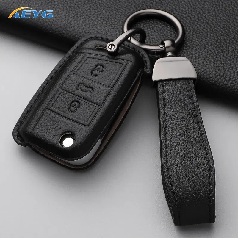 Color Name: black - VW Car leather Key Case Cover For Volkswagen Golf 7 MK7 Tiguan MK2 For SEAT Ateca Leon FR 2 Ibiza For Skoda Octavia Shell Fob