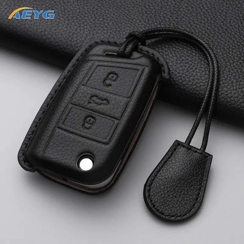 Color Name: black - VW Car leather Key Case Cover For Volkswagen Golf 7 MK7 Tiguan MK2 For SEAT Ateca Leon FR 2 Ibiza For Skoda Octavia Shell Fob