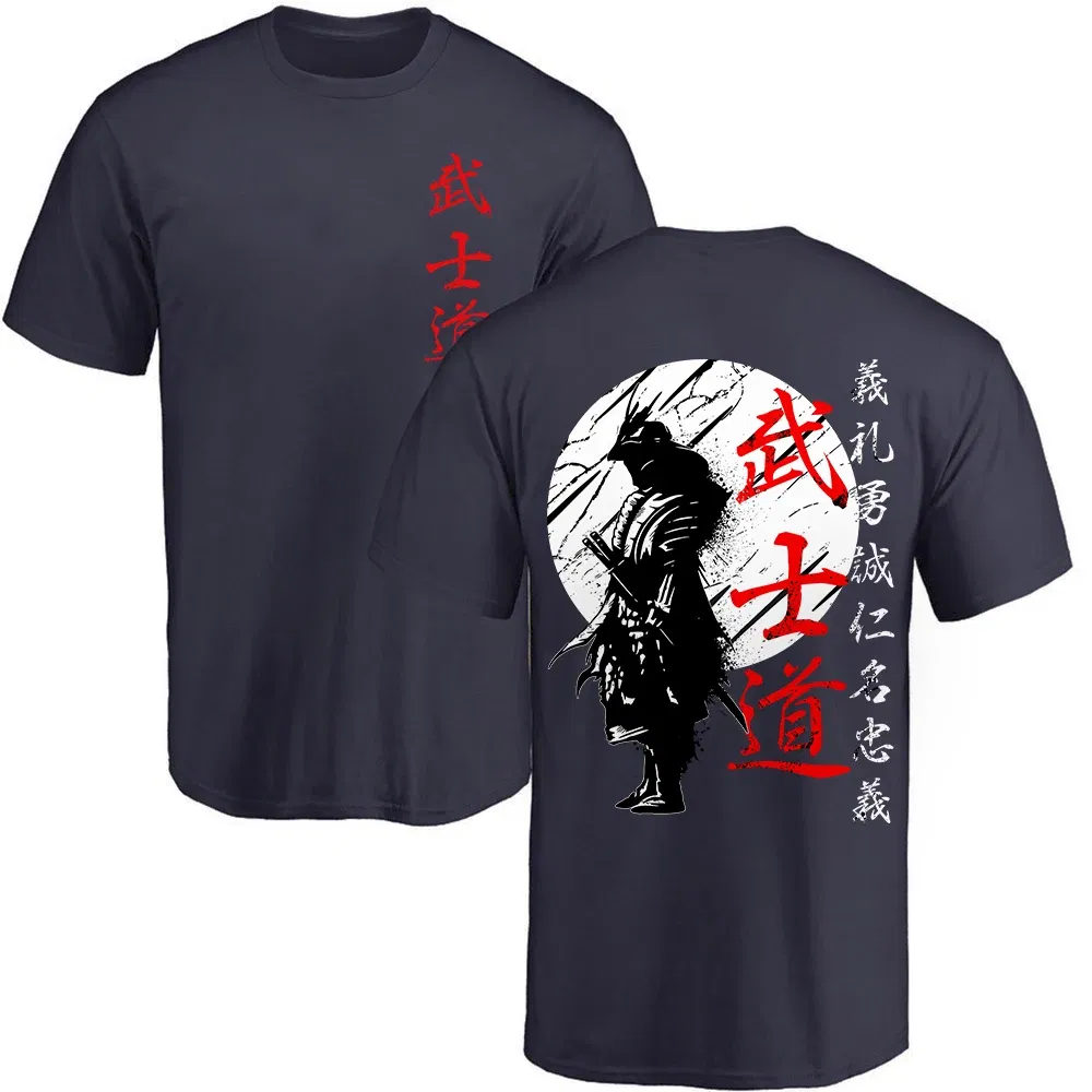Color: SKY BLUE, Size: M - Japan Samurai Spirit T Shirts For Men Japanese Style Back Print Loose Oversized 100% Cotton Tops T-shirt Bushido Male Gifts Tee