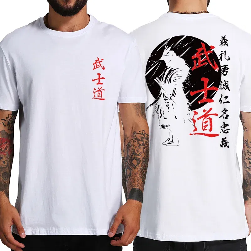 Color: SKY BLUE, Size: M - Japan Samurai Spirit T Shirts For Men Japanese Style Back Print Loose Oversized 100% Cotton Tops T-shirt Bushido Male Gifts Tee