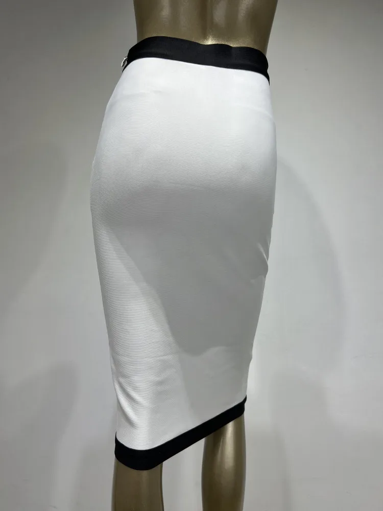 Color: black, Size: M - New Arrival Women Button Patchwork White Black Bodycon Bandage Skirt 2024 Designer High Waist Party Club Pencil Skirt 60cm