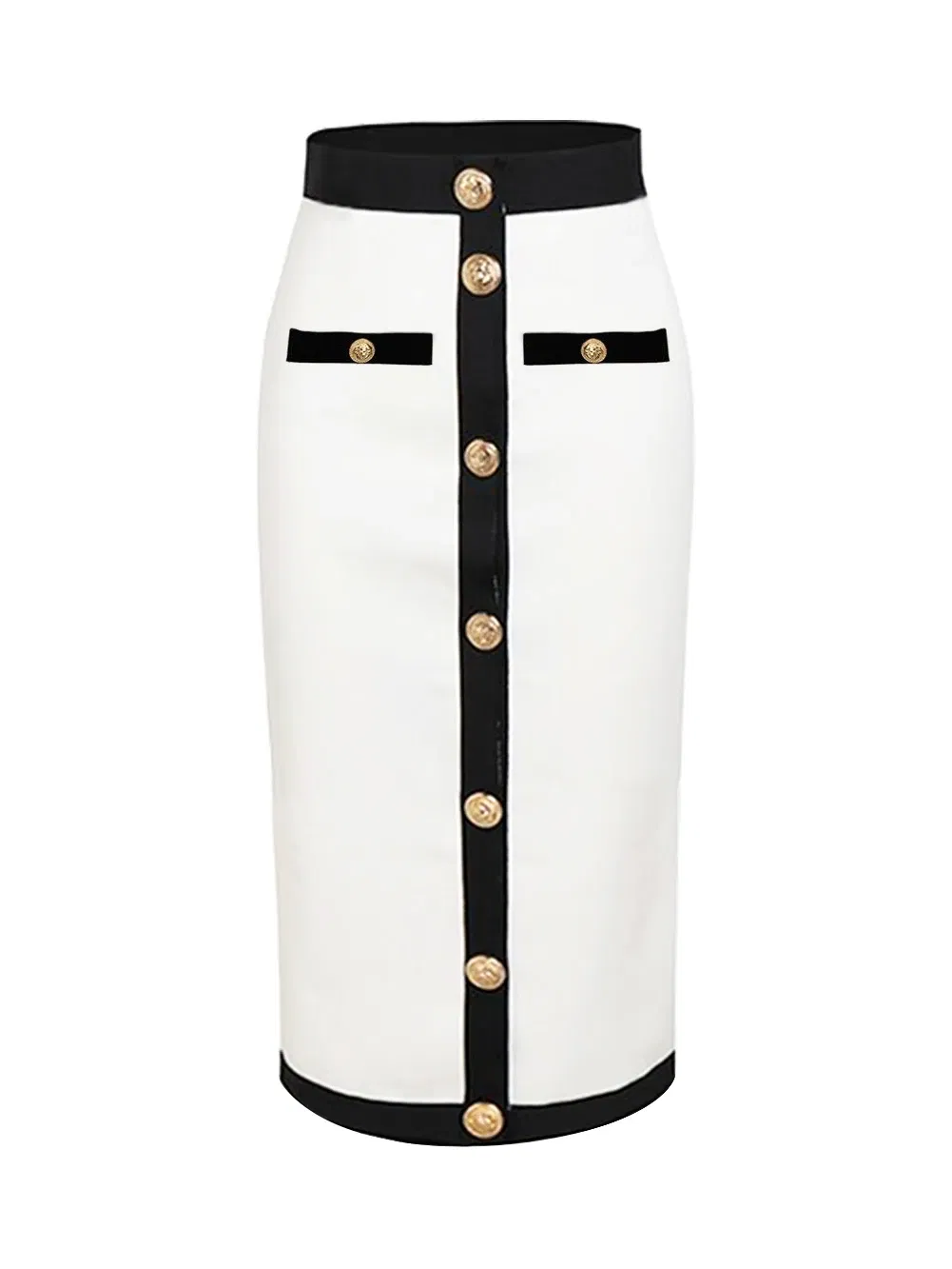 Color: black, Size: M - New Arrival Women Button Patchwork White Black Bodycon Bandage Skirt 2024 Designer High Waist Party Club Pencil Skirt 60cm