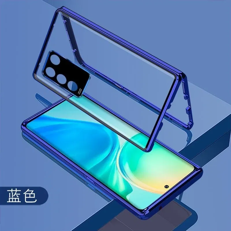 Color: Blue, Material: Denim - 360 Full Case For Vivo V29 5G V27 Pro V27E V25 V23 Double Sided Magnetic Adsorption Metal Capa Tempering Glass Clear Phone Cover