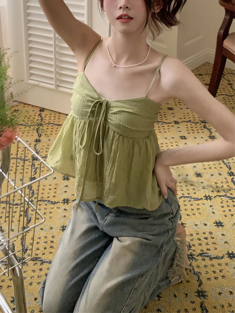 Color: green, Size: S - Women Linen Sweet Babydoll Ruffle Crop Sleeveless Top Thin Strap Front Bow Ties Flowy Camis Female Korean Tank Top