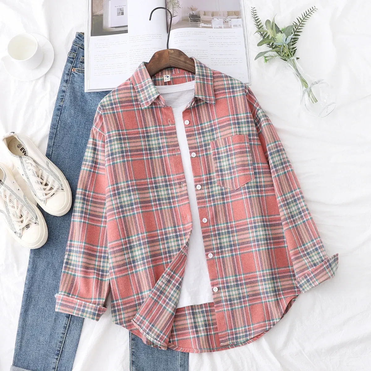 Color: Chocolate, Size: XS - Fresh Flannel Plaid Shirt Women 2025 New Female Blouses and Tops Cotton Loose Long Sleeve Casual Shirts Fine Women's Clothes