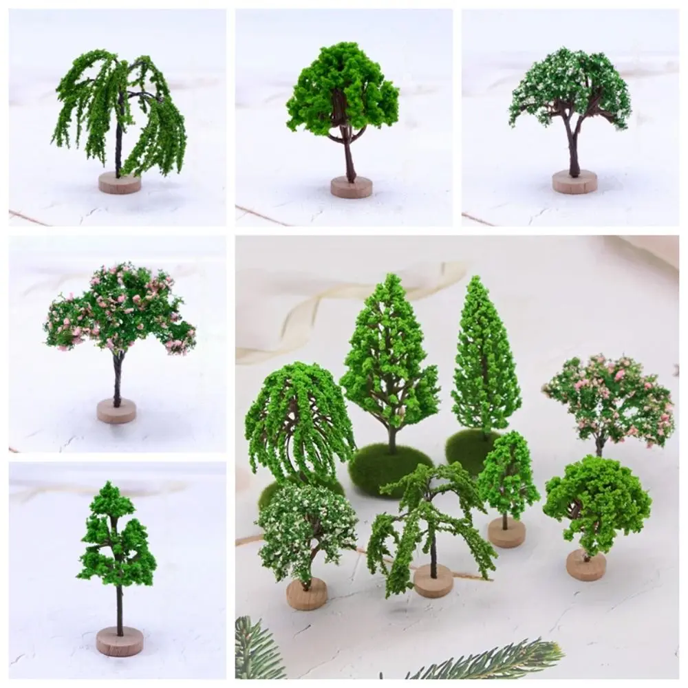 Color: light yellow - Artificial Moss Rocks/Wooden Base Model Trees Simulation Plastic Dollhouse Mini Tree Natural Green Bonsai Figurine