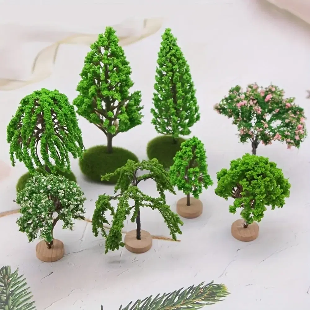 Color: light yellow - Artificial Moss Rocks/Wooden Base Model Trees Simulation Plastic Dollhouse Mini Tree Natural Green Bonsai Figurine