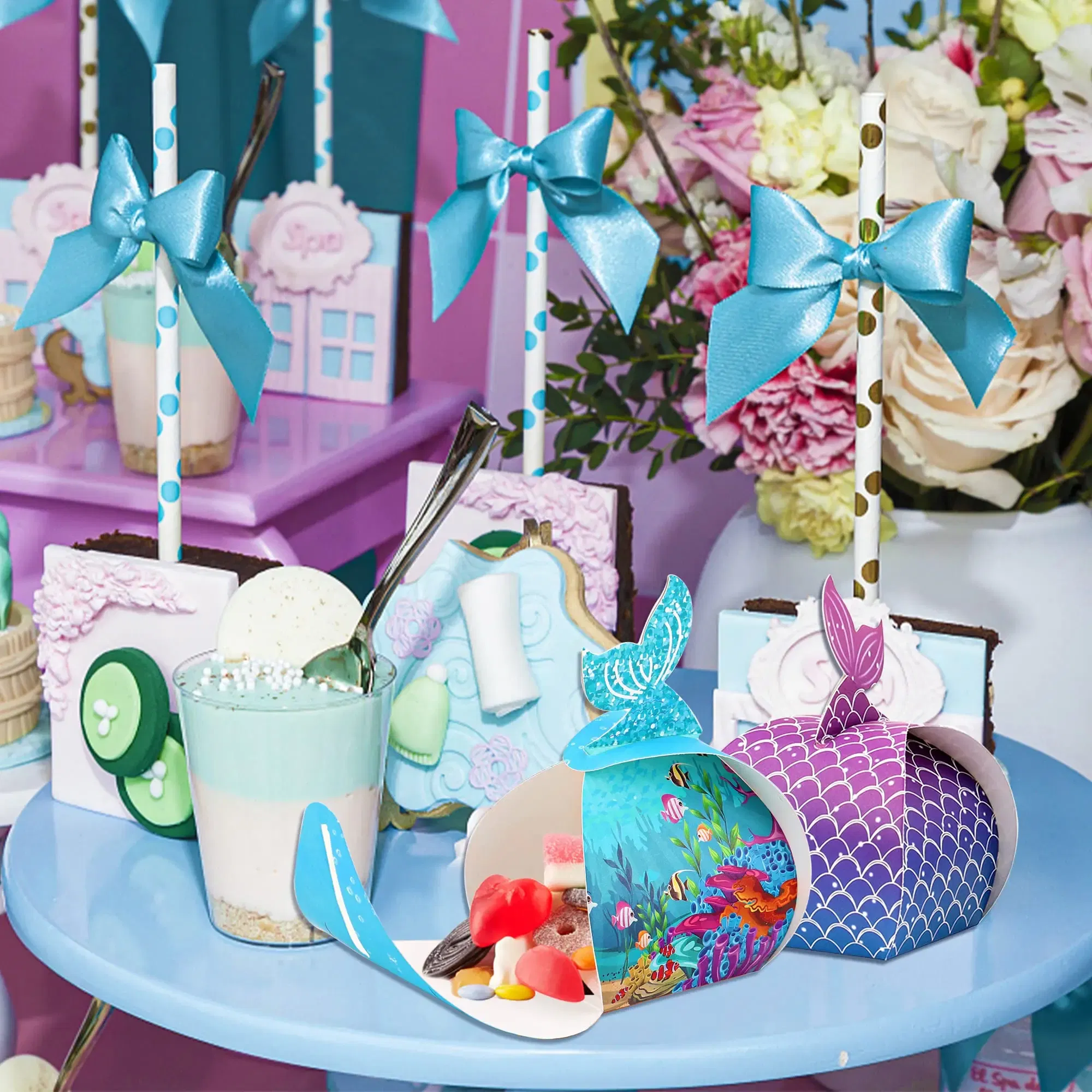 Color: Olive, Gift Box Size: 5x5x5cm - 1pc Mermaid Tail Little Mermaid Birthday Party Treat Bag Under the Sea Themed Goodies Bags Candy Boxes Small Gifts for Guests