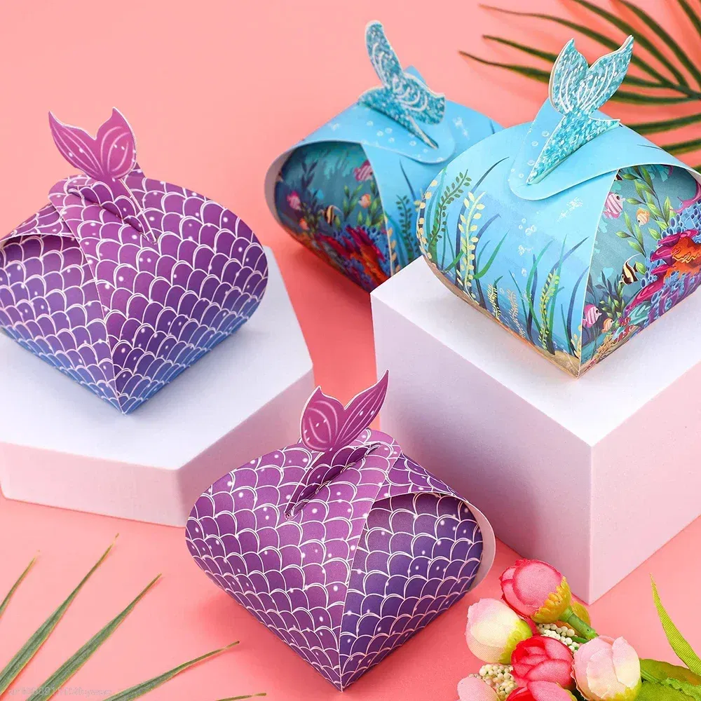 Color: Olive, Gift Box Size: 5x5x5cm - 1pc Mermaid Tail Little Mermaid Birthday Party Treat Bag Under the Sea Themed Goodies Bags Candy Boxes Small Gifts for Guests
