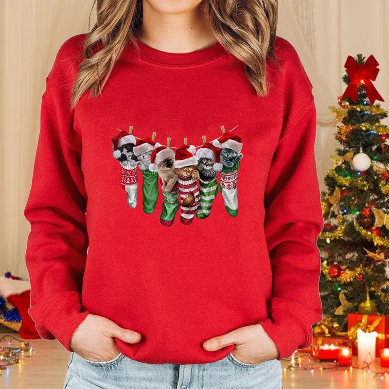 Color: Orange, Size: XXL - New fashion women's Christmas cat sweater long-sleeved round neck pullover sweater fall and winter Christmas women's tops