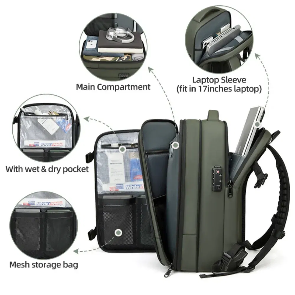 Color: Dark Grey - Vacpack Vacuum Compression Backpack Airback with Pump Men Waterproof Expandable Carry On Travel Backpack 17 inch Laptop Backpack