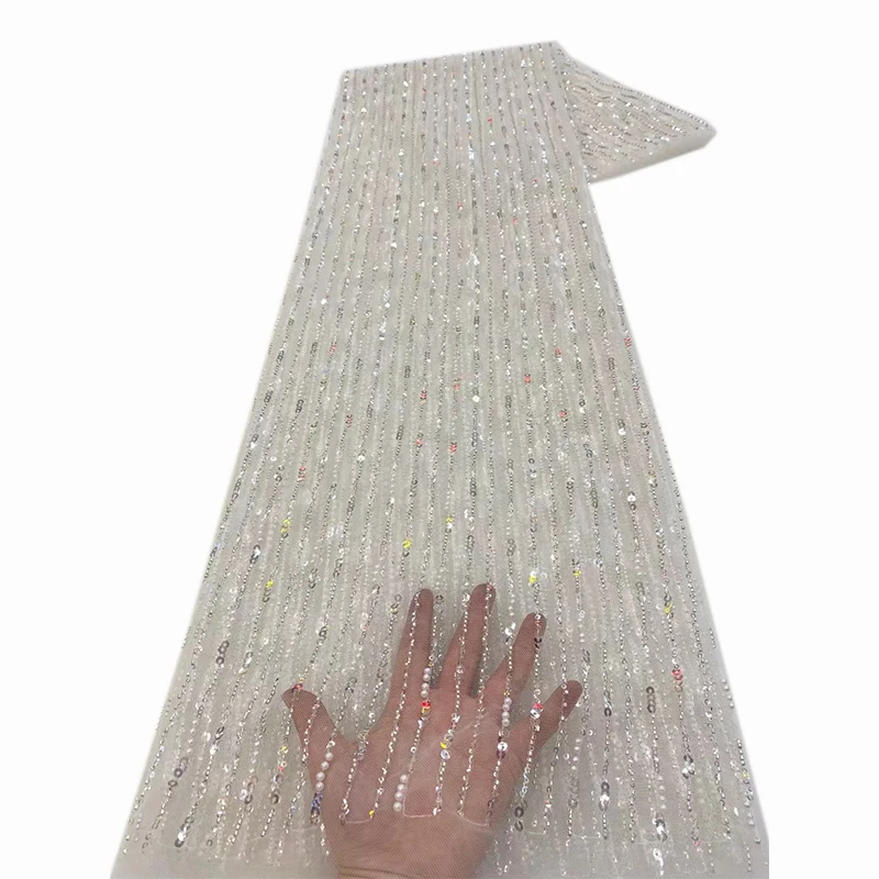 Color: Light Cyan, Length: 5 yards, Width: 120cm - African Lace Fabric 2025 Sequins Beaded Embroidery Groom Nigerian Bridal High Quality French Tulle Lace Fabric For Wedding