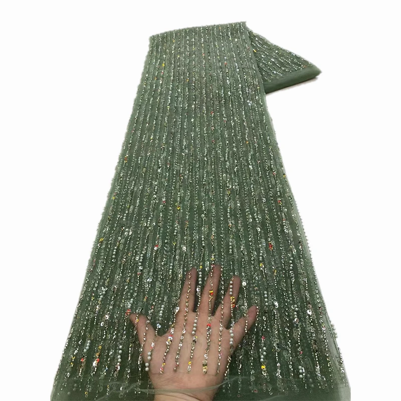 Color: Light Cyan, Length: 5 yards, Width: 120cm - African Lace Fabric 2025 Sequins Beaded Embroidery Groom Nigerian Bridal High Quality French Tulle Lace Fabric For Wedding