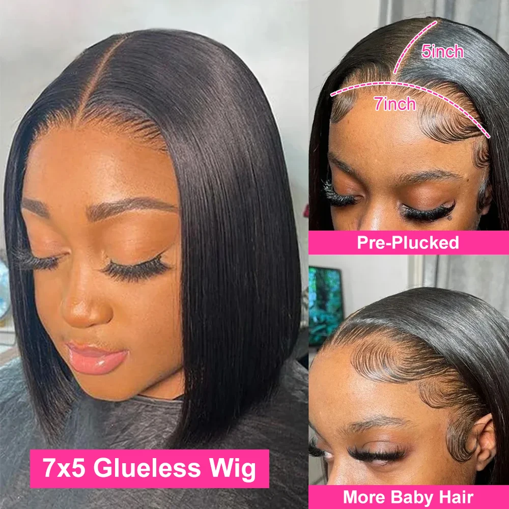 Hair Color: #1, Ships From: CHINA, Stretched Length: 16inches, Density: 180% - Wear And Go Glueless Bob Wig Human Hair 7x5 HD Lace Closure Human Hair Pre Plucked No Glue Pre Cut Ready To Wear Frontal Wig