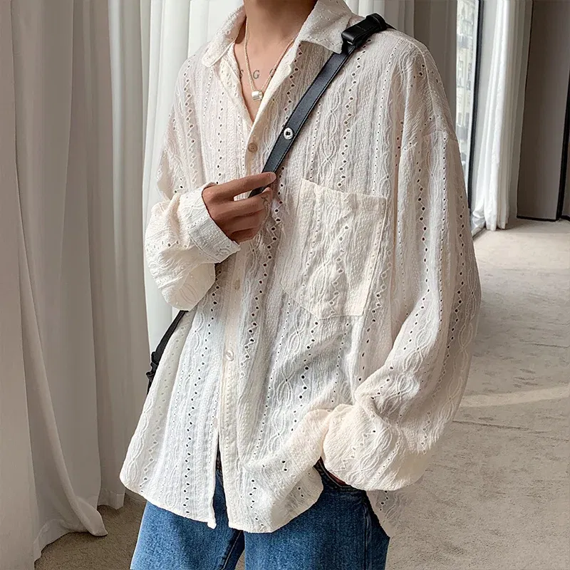 Color: Beige, Size: M - Shirts for men Apricot Handsome Lapel Men Blouse Vacation Hollow Out Sexy Fashion Men Clothing Male Mesh Long-sleeved Shirts