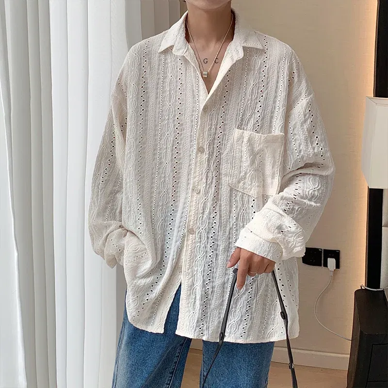 Color: Beige, Size: M - Shirts for men Apricot Handsome Lapel Men Blouse Vacation Hollow Out Sexy Fashion Men Clothing Male Mesh Long-sleeved Shirts