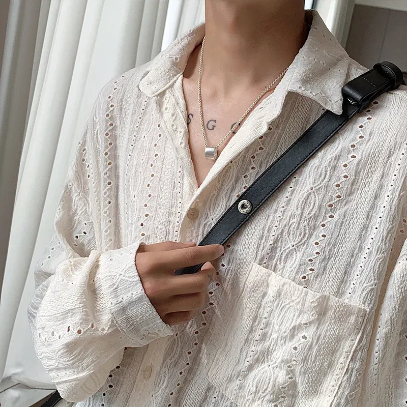 Color: Beige, Size: M - Shirts for men Apricot Handsome Lapel Men Blouse Vacation Hollow Out Sexy Fashion Men Clothing Male Mesh Long-sleeved Shirts