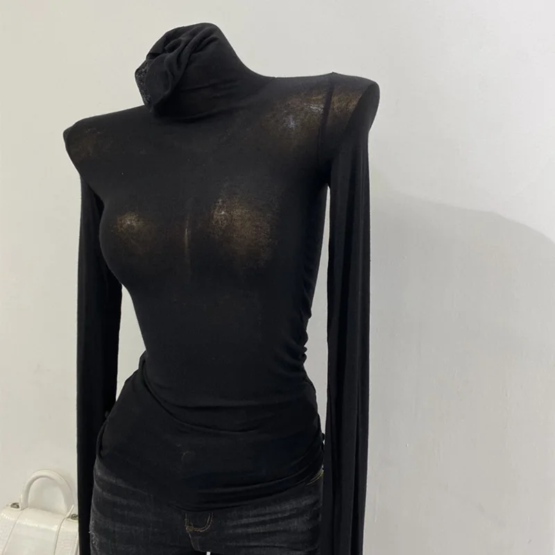 Color: black, Size: One Size - Thin Soft American Long Sleeve T-shirt High Stacked Neck Tight Perspective Bottom Shirt Women's Slim Fit Tops Sexy Streetwear