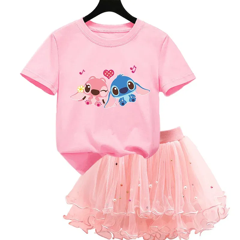 Color: Yellow, Kid Size: 5 - 2pcs Lilo Stitch Summer Girls Outfits Cartoon T-shirt and Tutu Skirt Princess Clothes Suit Children Birthday Clothing Sets