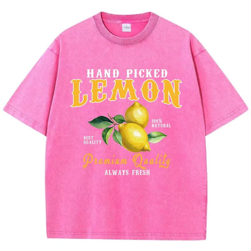 Color: Gold, Size: S - Summer Lemon Washed T-Shirts Womens Cotton Oversized O-Neck T Shirts Fresh Fruit Prints Tops Casual Short Sleeve Woman Clothes