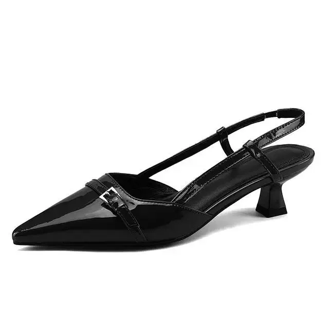 Color: Beige, Shoe Size: 41 - 2024 New Summer Women's Dress Shoes Patent Leather Slip on Pointed Toe Sandals Buckle Slingbacks Mid Heels Pumps Sandalias Mujer