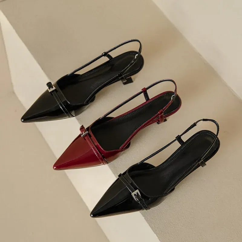 Color: Beige, Shoe Size: 41 - 2024 New Summer Women's Dress Shoes Patent Leather Slip on Pointed Toe Sandals Buckle Slingbacks Mid Heels Pumps Sandalias Mujer