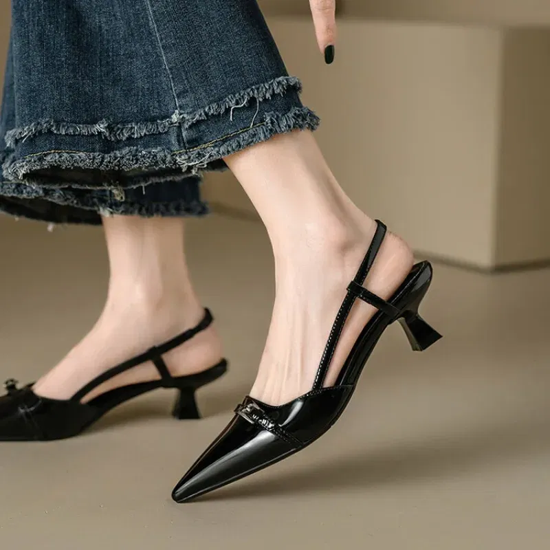 Color: Beige, Shoe Size: 41 - 2024 New Summer Women's Dress Shoes Patent Leather Slip on Pointed Toe Sandals Buckle Slingbacks Mid Heels Pumps Sandalias Mujer