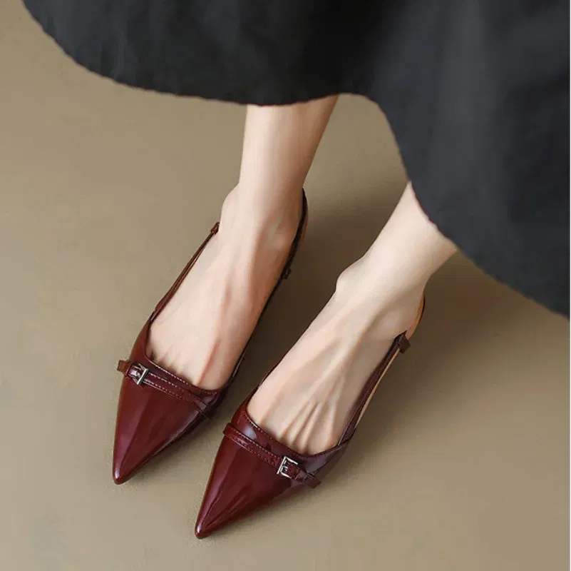 Color: Beige, Shoe Size: 41 - 2024 New Summer Women's Dress Shoes Patent Leather Slip on Pointed Toe Sandals Buckle Slingbacks Mid Heels Pumps Sandalias Mujer