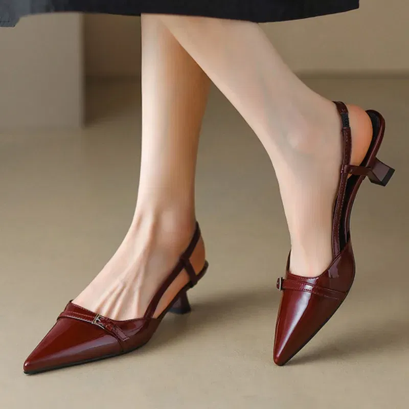 Color: Beige, Shoe Size: 41 - 2024 New Summer Women's Dress Shoes Patent Leather Slip on Pointed Toe Sandals Buckle Slingbacks Mid Heels Pumps Sandalias Mujer