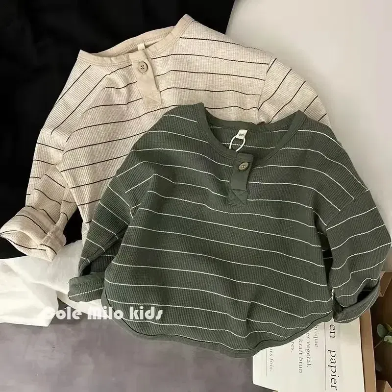 Color: green, Kid Size: 3T - Korean Children's Striped T-shirt 2024 Spring Boys and Girls' Long Sleeve T-shirt Bottom Shirt Baby Loose Top