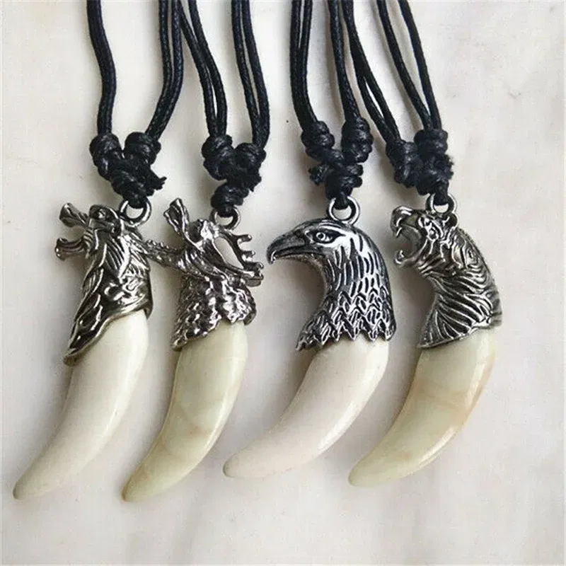 Metal Color: Dark Gold, Length: 60cm, Ships From: CHINA - 8 style Punk Alloy Wolf Leopard head Eagle Head Tiger Teeth Pendant Necklace Charms Beads Sweater Chain Rope Women Amulet
