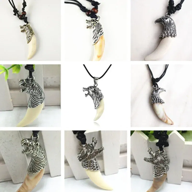 Metal Color: Dark Gold, Length: 60cm, Ships From: CHINA - 8 style Punk Alloy Wolf Leopard head Eagle Head Tiger Teeth Pendant Necklace Charms Beads Sweater Chain Rope Women Amulet