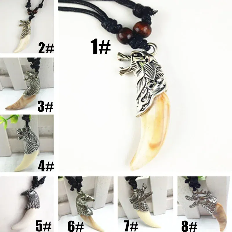 Metal Color: Dark Gold, Length: 60cm, Ships From: CHINA - 8 style Punk Alloy Wolf Leopard head Eagle Head Tiger Teeth Pendant Necklace Charms Beads Sweater Chain Rope Women Amulet