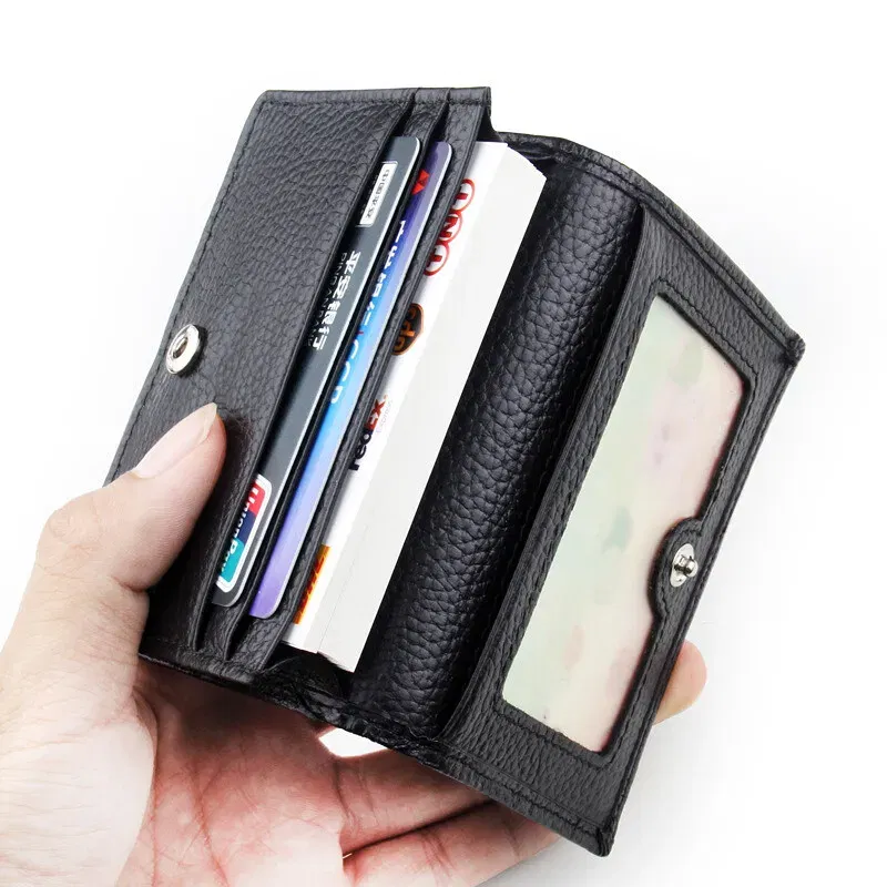 Color: dark blue - NEW 2024 Genuine Leather Wallet Ultra-thin Fold Unisex Purse Credit Card ID VIP Bank Slim Bag Simple Business Card Holders