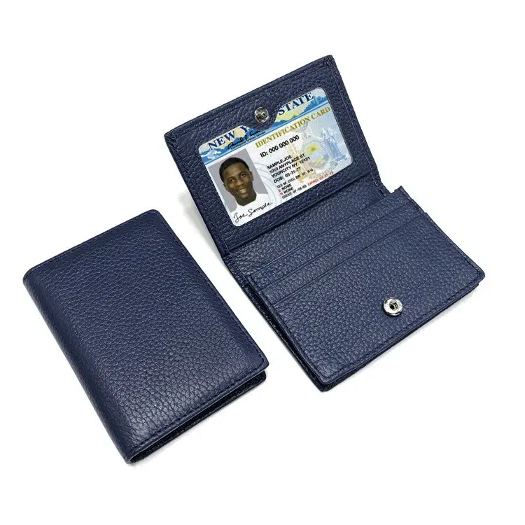Color: dark blue - NEW 2024 Genuine Leather Wallet Ultra-thin Fold Unisex Purse Credit Card ID VIP Bank Slim Bag Simple Business Card Holders