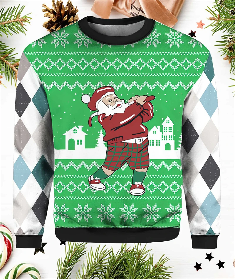 Color: SKY BLUE, Size: XXXL - Funny Santa Claus Graphic Ugly Christmas Sweater 2026 Men Fashion Autumn Winter 3D Printed Sweatshirt Casual Oversized Pullovers
