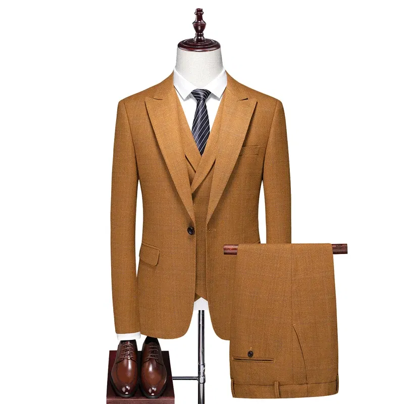 Color: GRAY, Size: XXL - High-End Three-Piece Men's Wedding Suit with Vest And Trousers Fashion Business Casual Groom's Dress All-In-One