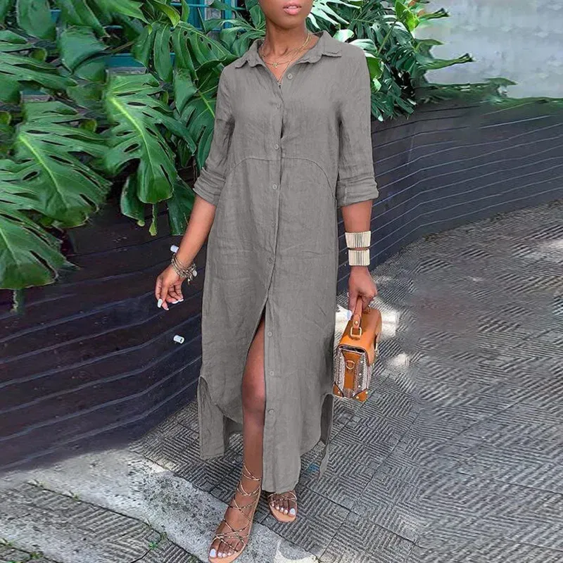 Color: Beige, Size: M - Long Shirt Dress Women Autumn Cotton Linen Leisure Turn Down Collar Maxi Dresses Female Elegant Loose Beach Spring Vestidos