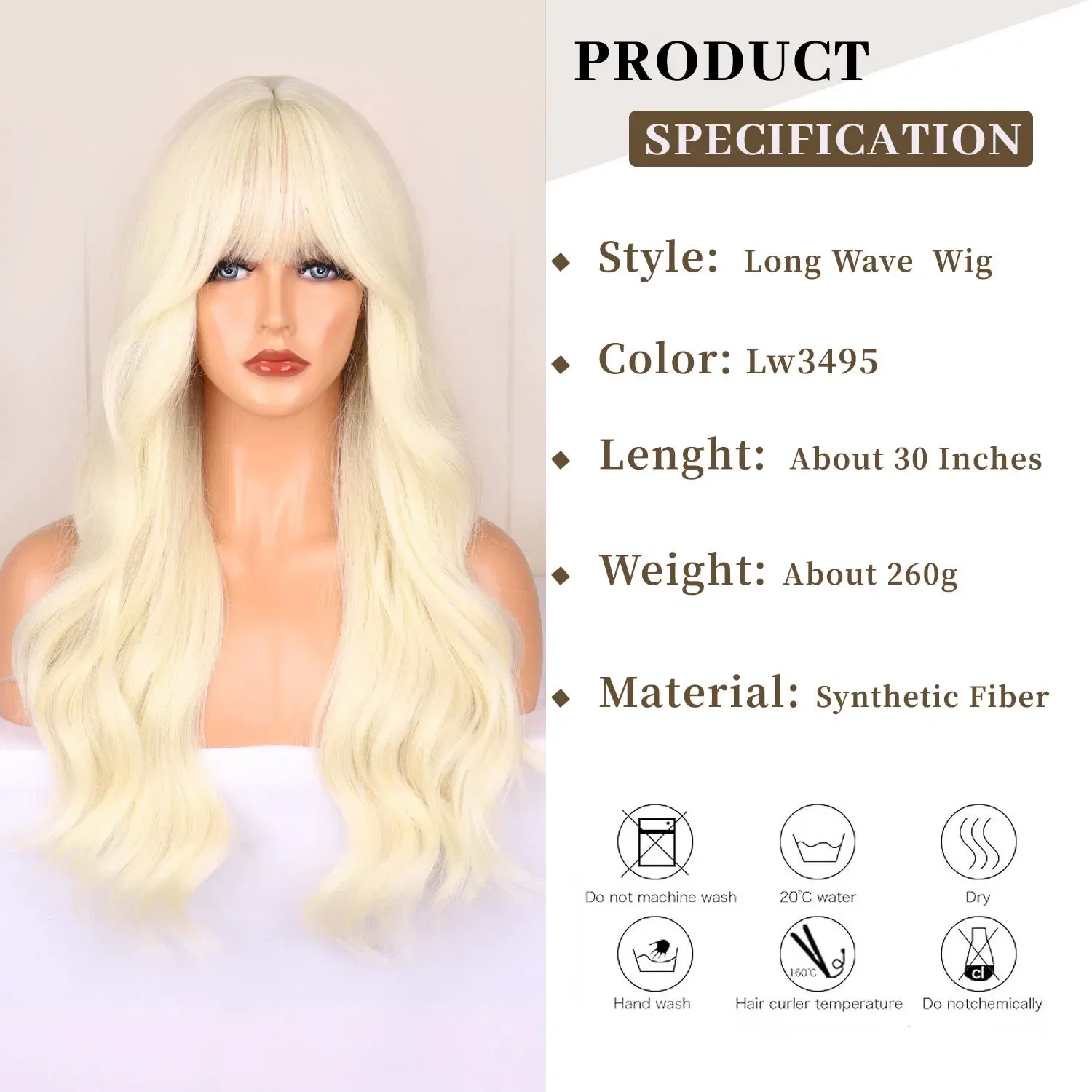 Color: T1B/33/27 - Blonde synthetic wig with straight bangs Ladies Cosplay wig High temperature silk wig set with big waves and long curly hair